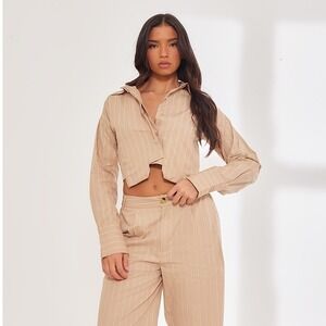 Pretty Little Thing Stone Poplin Pinstripe Pocket‎ Detail Cropped Shirt Size 2